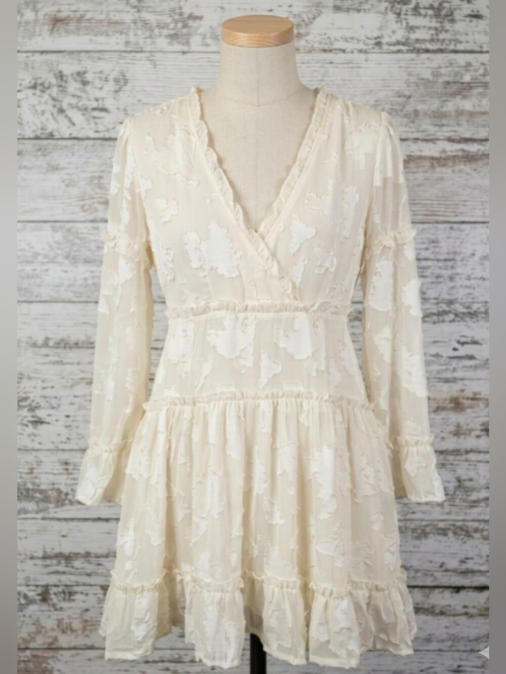 Boohoo Petite Floral Burnout Mini Dress V-Neck Long Bell Sleeve Frill Ruffle
